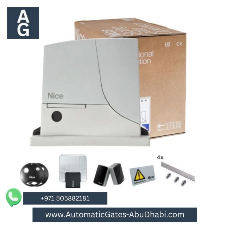 Nice Rox 600 kg Sliding Gate Motor kit with accessories, including control board, remote controls, safety sensors, warning light, automatic door sign, and 4m steel rack. Displayed with the Nice logo and product packaging, ideal for residential and commercial sliding gates.