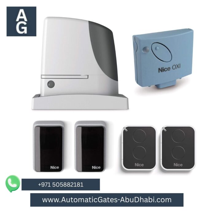 Nice Run 1500 Electromechanical Gear Motor Opener Kit with accessories, including control board, remote controls, safety sensors, and Nice OXI receiver. Displayed with the Nice logo and product packaging, ideal for heavy-duty sliding gate systems.