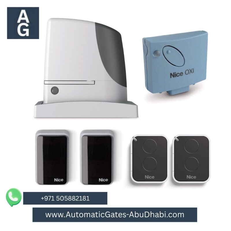 Nice Run 1500 Electromechanical Gear Motor Opener Kit with accessories, including control board, remote controls, safety sensors, and Nice OXI receiver. Displayed with the Nice logo and product packaging, ideal for heavy-duty sliding gate systems.