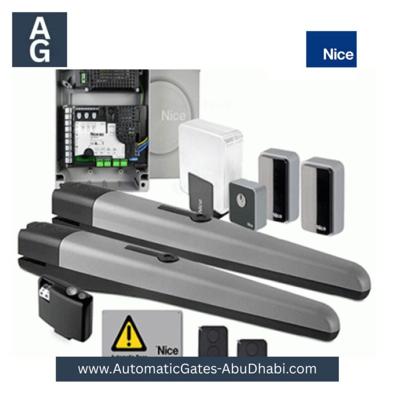 Nice Toona 7 TO7024-DKIT Swing Gate Motor kit with motor units, control panel, safety sensors, remote controls, and accessories.