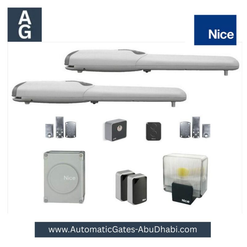Nice WINGO5 dual swing gate automation kit, including gate motors, accessories, and control unit, designed for gates up to 3.5m in length and 200kg in weight.