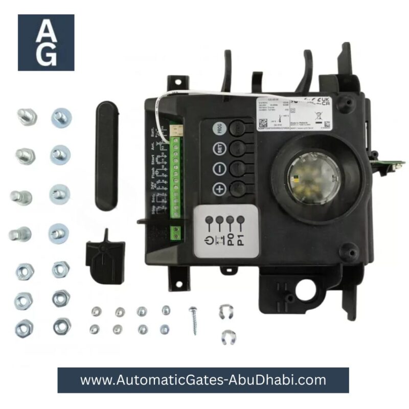 Black sectional door control panel with buttons, display, and wiring connections.