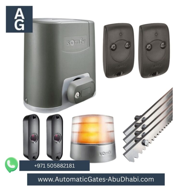 SOMFY ELIXO Sliding Gate Motor kit with accessories, including control board, remote controls, safety sensors, warning light, and steel rack. Displayed with the SOMFY logo and product packaging, ideal for residential and commercial sliding gates.