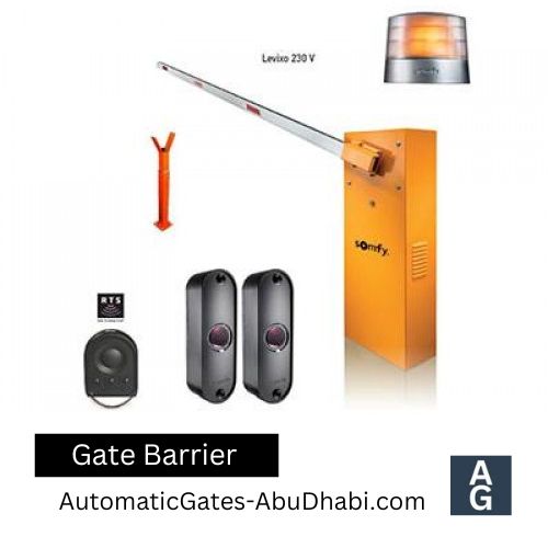 Gate barrier system components, including control unit, remote, and warning light, displayed for installation.