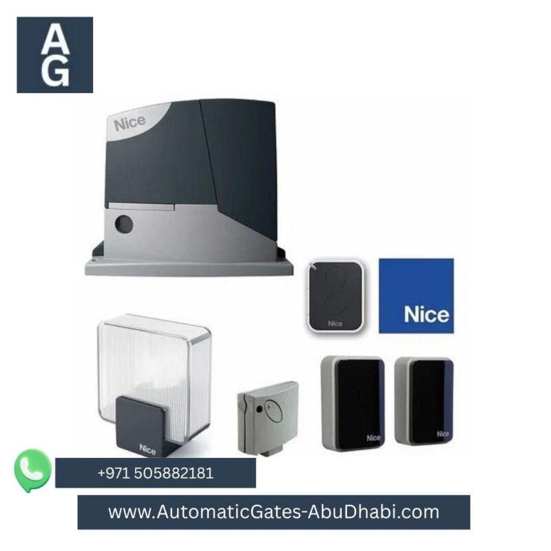 NICE ROBUS 1000 KG Sliding Gate Motor kit with accessories, including control board, remote controls, safety sensors, and warning light. Displayed with the NICE logo and product packaging, ideal for sliding gate systems.