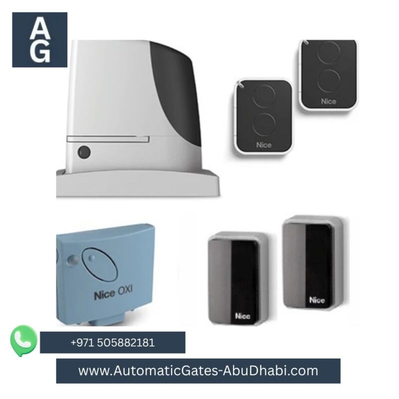 Nice RUN 2500 KG Sliding Gate Motor kit with accessories, including control board, remote controls, safety sensors, Nice OXI receiver, and automatic door signage. Displayed with the Nice logo and product packaging, ideal for heavy-duty sliding gates.