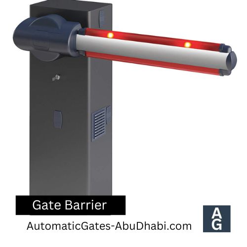 Gray automatic gate barrier with red lights.