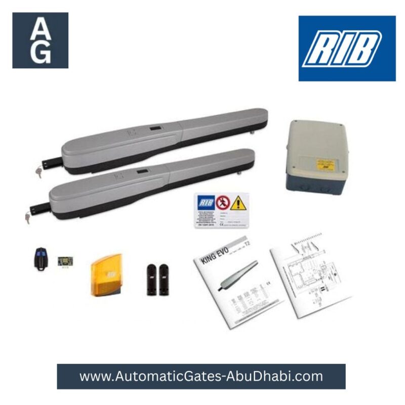 RIB KING EVO L automatic swing gate operator kit including two motors, control board, remote, safety sensors, instruction manual, and warning signs.