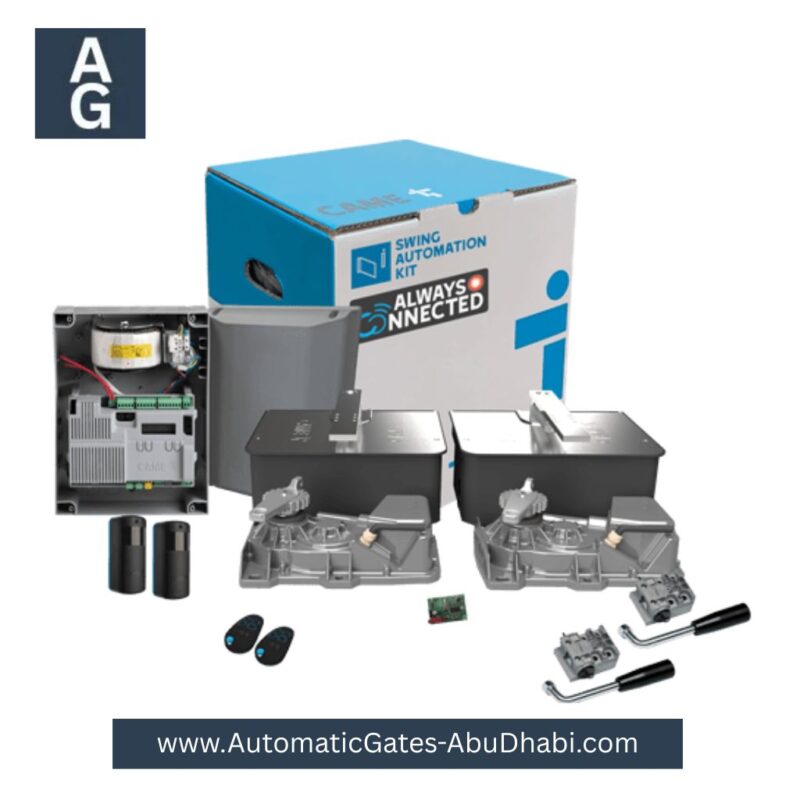 CAME Frog X 24V Kit, complete swing gate motor system, including control unit, remotes, safety sensors, and accessories