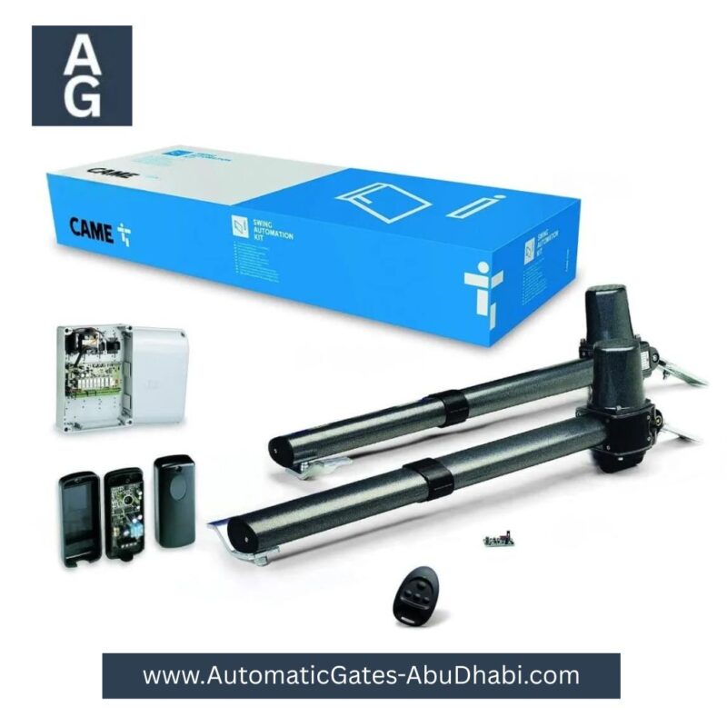 CAME KRONO Swing Gate Motor kit, including control unit, remotes, safety sensors, and all necessary components