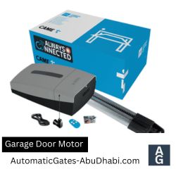 Gray and black garage door motor with remote control and mounting hardware, packaged in a light blue box.