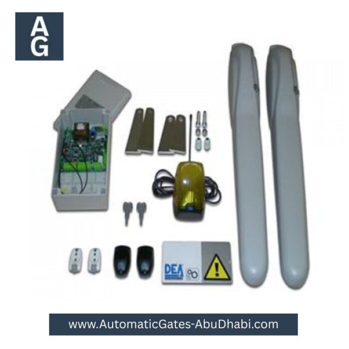 DEA MAC Swing Gate Motor Kit with control unit, sensors, remote controls, and safety accessories.