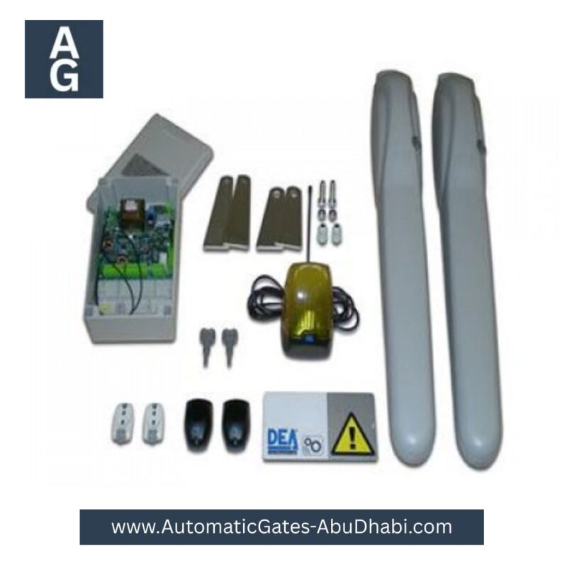 DEA MAC Swing Gate Motor Kit with control unit, sensors, remote controls, and safety accessories.