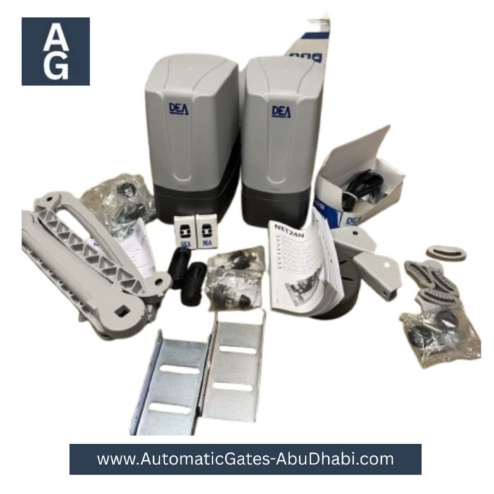 DEA Geko Kit 24V for swing gate automation, including control units, remotes, sensors, and all necessary installation accessories for reliable gate operation.