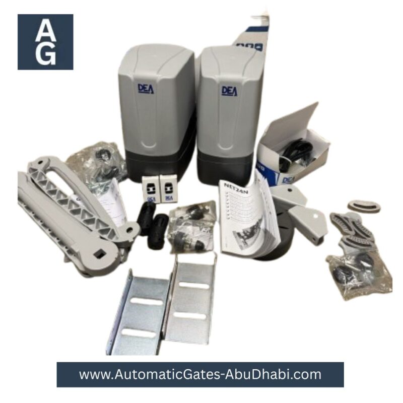 DEA Geko Kit 24V for swing gate automation, including control units, remotes, sensors, and all necessary installation accessories for reliable gate operation.