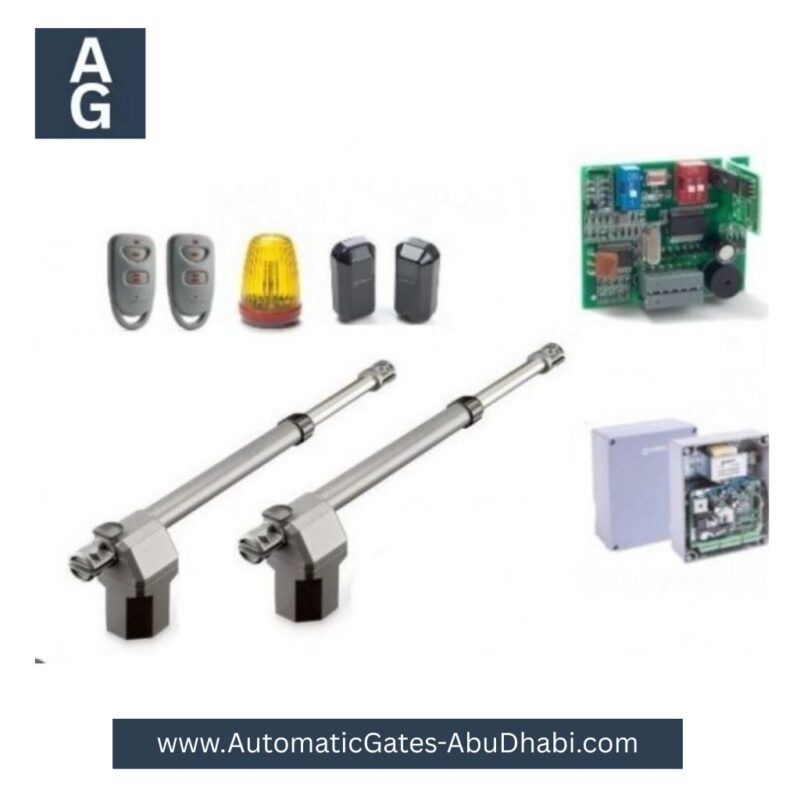 ERREKA ARES Swing Gate Motor kit including motors, control unit, remote controls, sensors, and warning light.