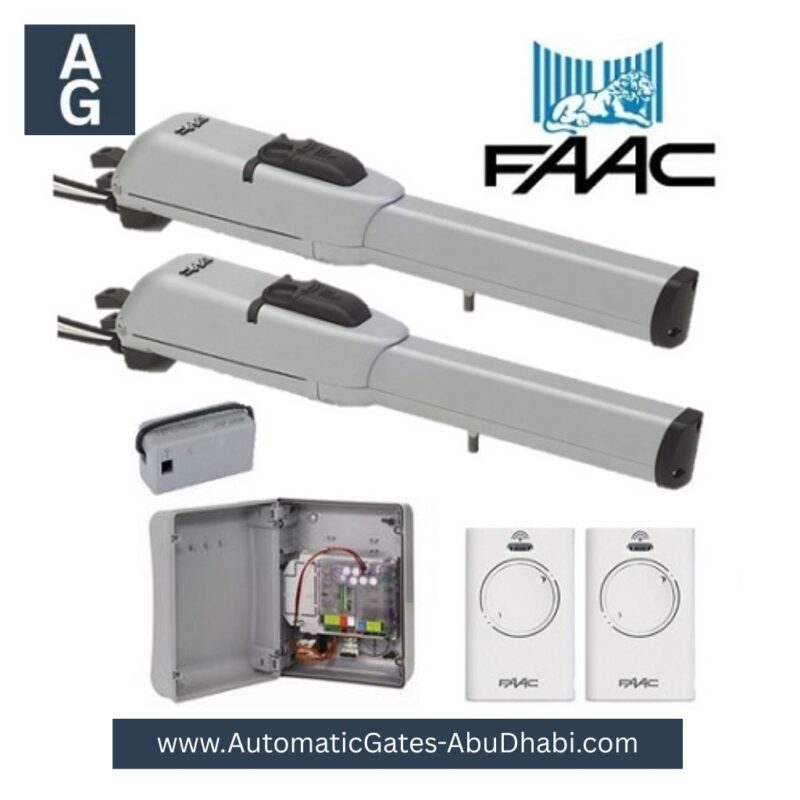 FAAC 413 Double Electro-Mechanical 24V Swing Gate Opener kit with control board, motor units, and remote sensors.