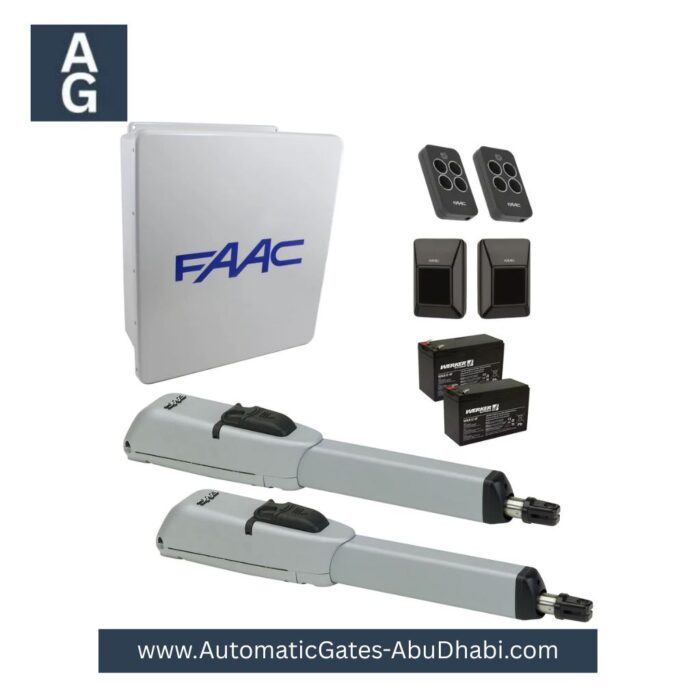 FAAC 415 Dual Swing Gate Opener Kit (24V) with control unit, remote controls, sensors, and backup batteries.