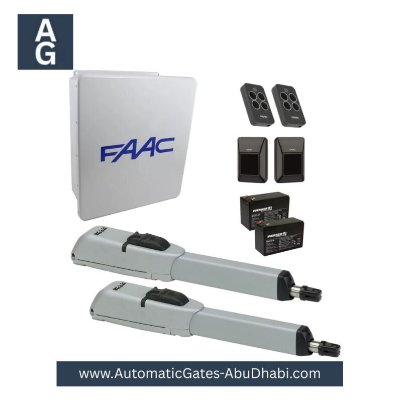 FAAC 415 Dual Swing Gate Opener Kit (24V) with control unit, remote controls, sensors, and backup batteries.