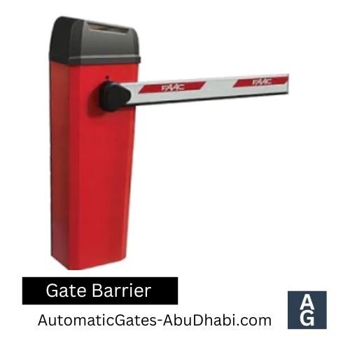 Red gate barrier with extending arm and sensor housing.