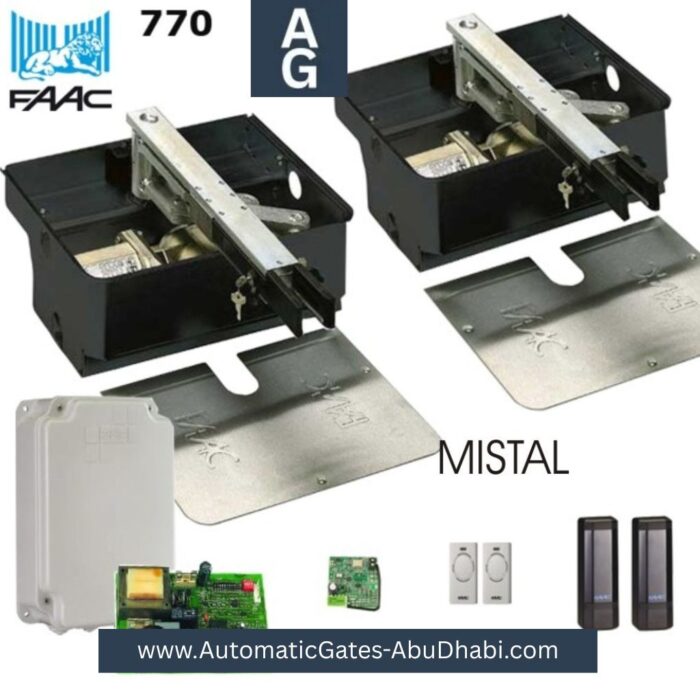 FAAC 770 24v Double Kit for automatic gates, including control box, motor units, and sensors, with MISTAL branding.