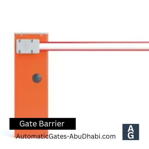 Orange gate barrier with a red and white horizontal arm in wide