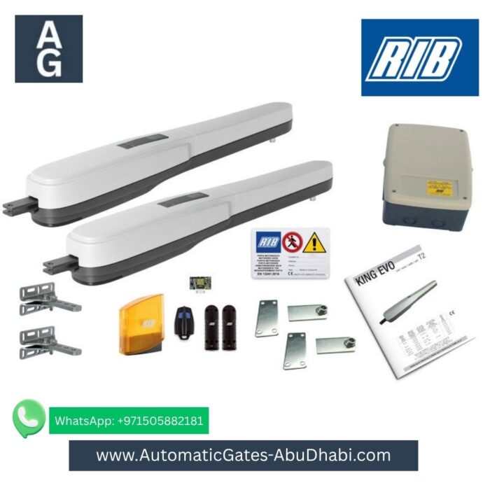 RIB KING EVO automatic swing gate operator kit including two motors, control board, remote, safety sensors, warning signs, brackets, and instruction manual.