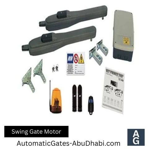 Image of a swing gate motor displayed alongside its various accessories for installation and operation.