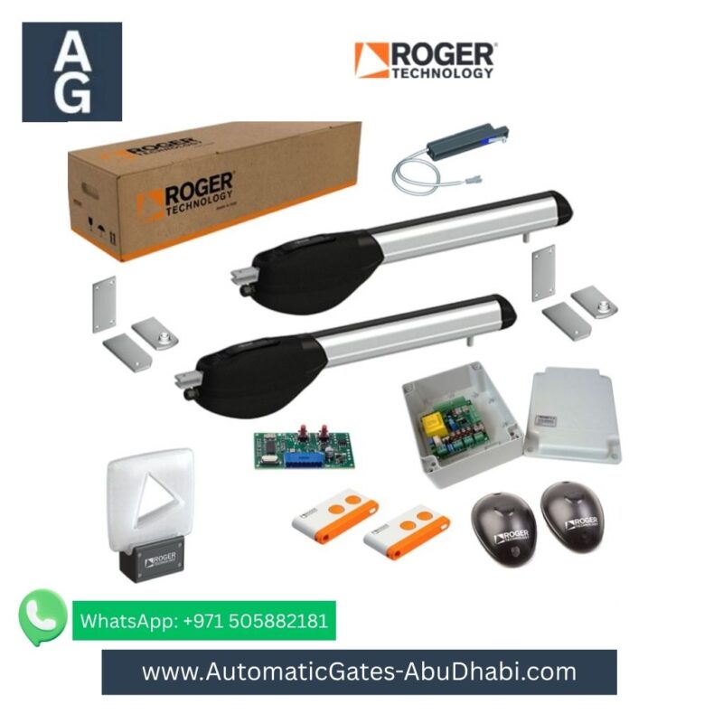 ROGER KIT R20510 automatic swing gate operator kit, including two motors, control board, remote, safety sensors, and installation accessories.