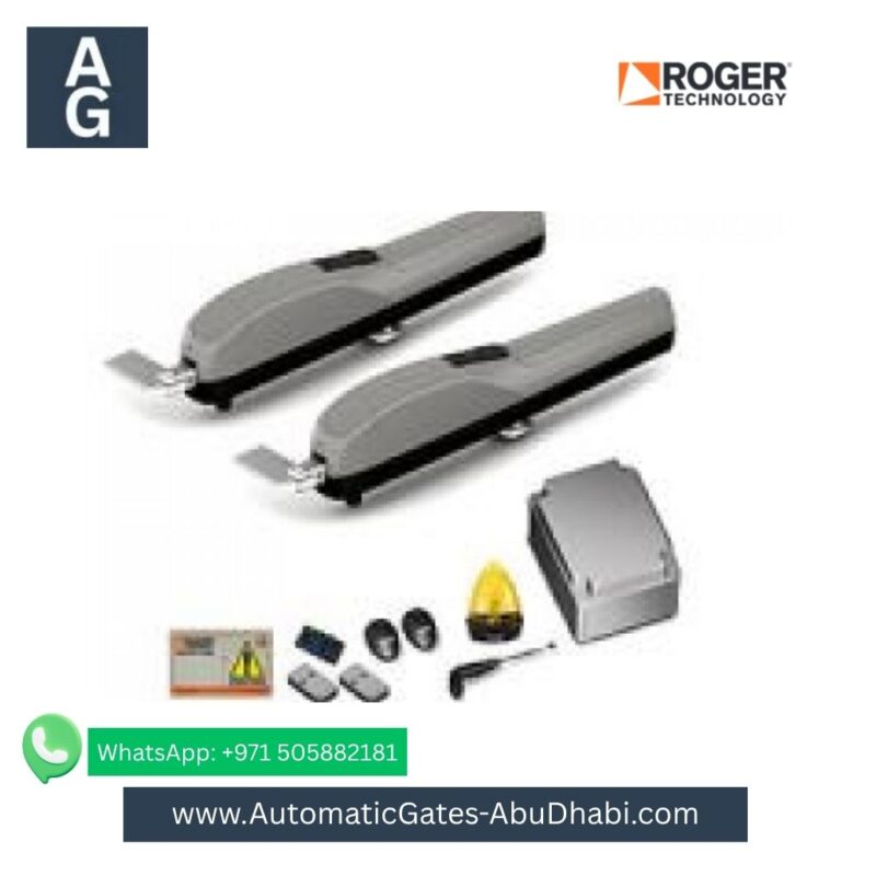 ROGER M20 automatic swing gate operator kit including two motors, control board, remote, safety sensors, flashing light, and instruction manual.