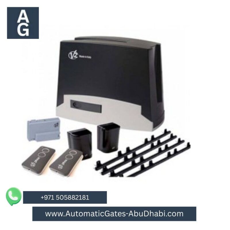 V2 TORQ 500 KG Sliding Gate Motor kit with accessories, including control board, remote controls, safety sensors, and steel racks. Displayed with the V2 logo and product packaging, ideal for residential sliding gates. Contact details: +971 505882181, [www.AutomaticGates-AbuDhabi.com](http://www.AutomaticGates-AbuDhabi.com).