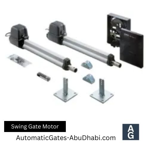 Image of a swing gate motor system with two linear actuators, control box, and mounting hardware on a white background. Text reads "Swing Gate Motor" and website link.