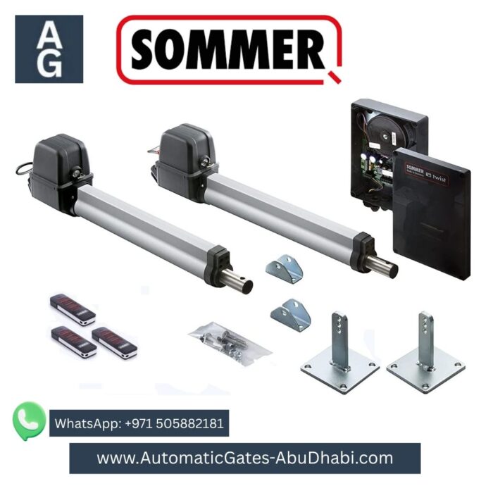 SOMMER Twist 200 E swing gate operator kit for 2-wing gates, including two motors, control board, remote controls, and installation accessories.
