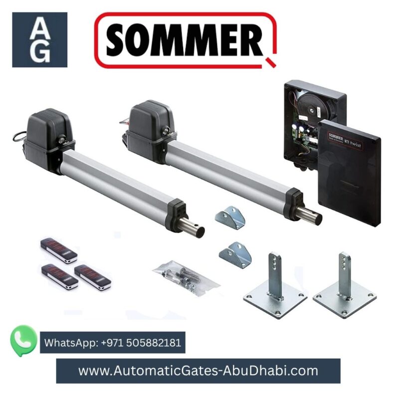 SOMMER Twist 200 E swing gate operator kit for 2-wing gates, including two motors, control board, remote controls, and installation accessories.