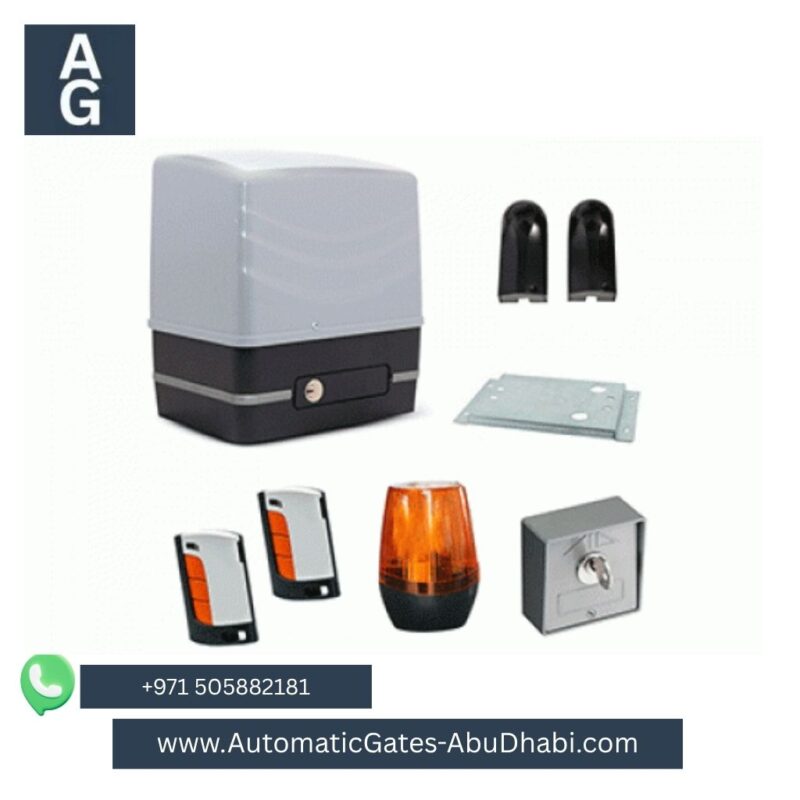 VDS SIMPLY 600 KG sliding gate motor kit, including the motor, remote controls, safety sensors, flashing light, and mounting accessories.