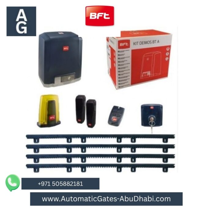 BFT Deimos BT A400 24V Sliding Gate Operator Kit with gear racks, safety photocells, flashing warning light, remote control, and manual release key switch. Contact +971 505882181 or visit [www.AutomaticGates-AbuDhabi.com](http://www.AutomaticGates-AbuDhabi.com). AG logo on the top left and BFT logo on the top center.