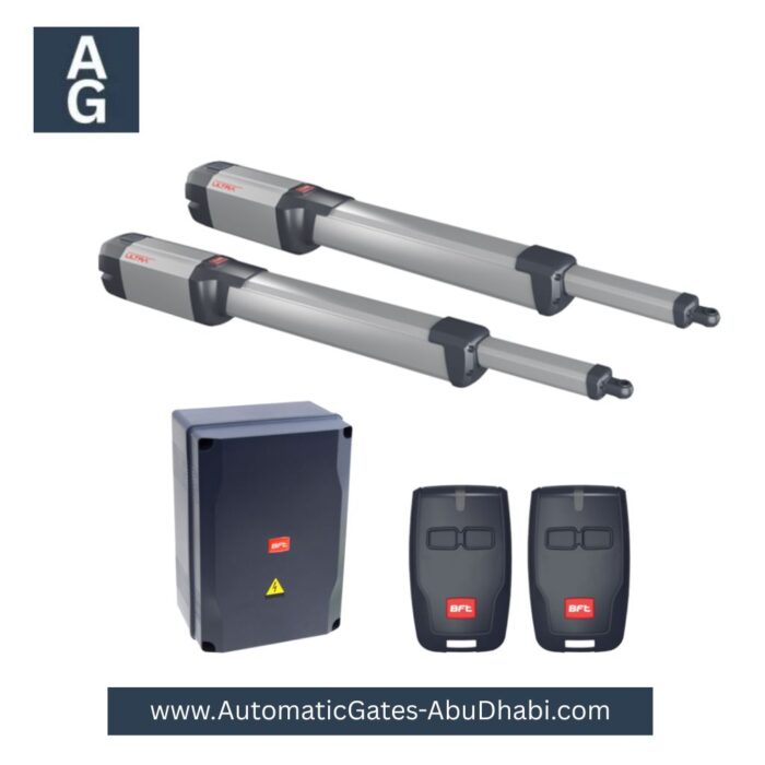 BFT KUSTOS ULTRA BT A25 FRA Double Leaf Swing Gate Opener, including control unit, remotes, and all necessary components for installation, available in Abu Dhabi, UAE.