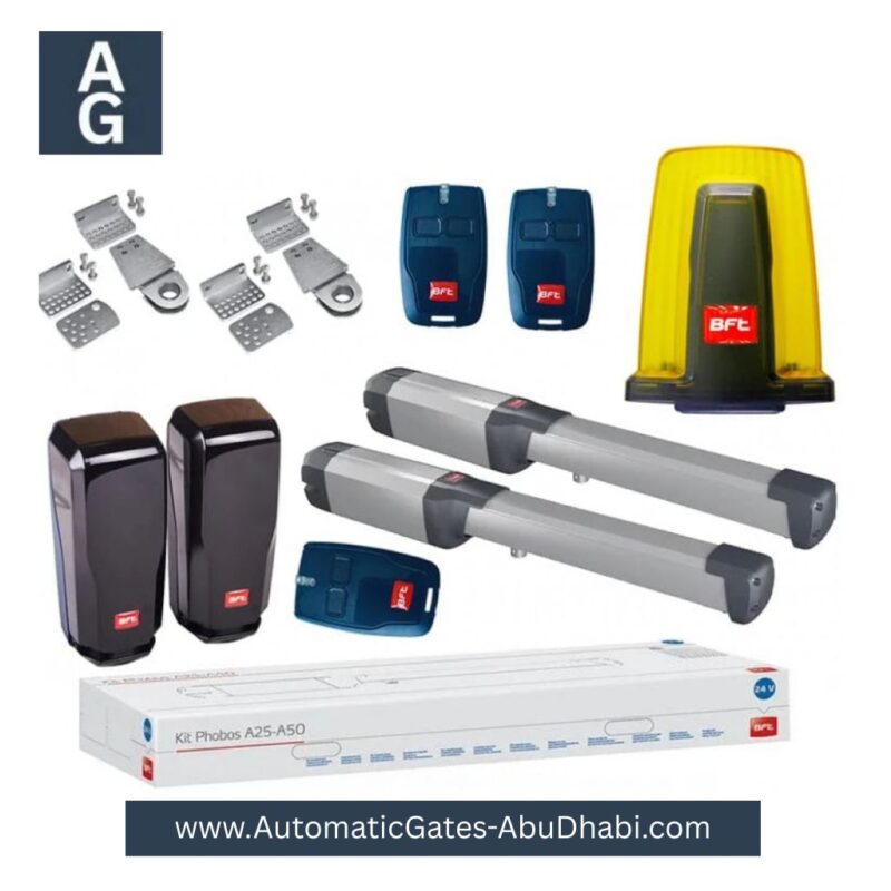 BFT PHOBOS AC A50 gate automation kit, including control unit, remotes, safety sensors, flashing light, and installation accessories, available for installation in Abu Dhabi, UAE.