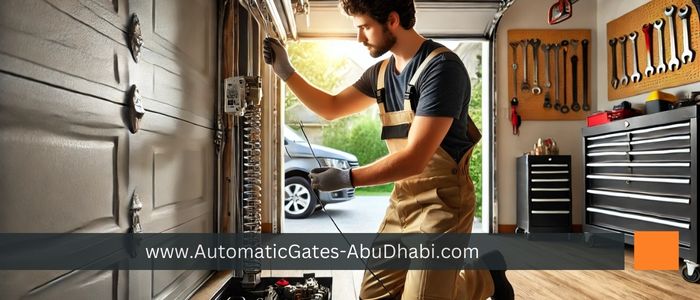A professional technician providing garage door maintenance service, inspecting and adjusting the door mechanism inside a clean residential garage with tools and equipment organized on the walls.