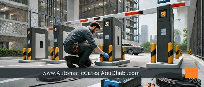 A technician installing a gate barrier loop detector at a parking facility entrance, positioning the loop sensor in the ground with cables visible. The gate barrier is raised, and modern building structures are visible in the background, highlighting the technical installation process.