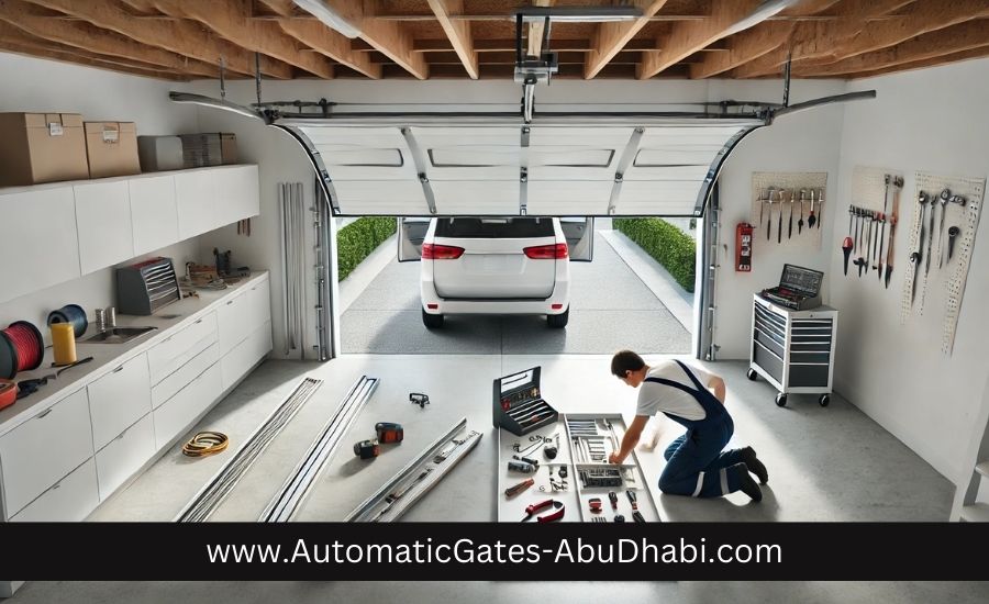 An overhead view of a garage with a professional worker installing an overhead garage door mechanism. The partially open door reveals the track system, with safety equipment and tools organized in the modern, well-lit garage.