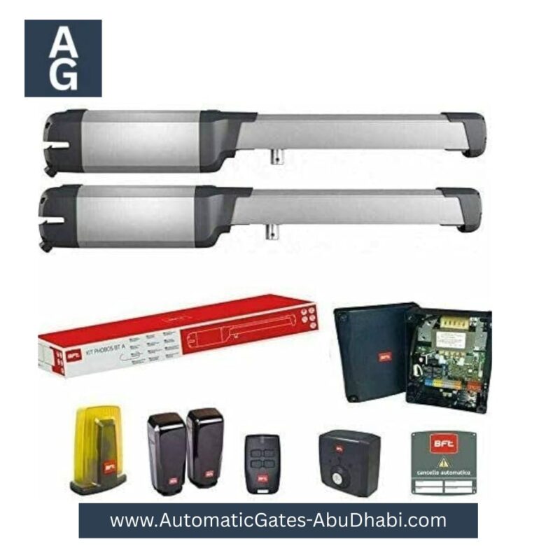 BFT PHOBOS AC A25 - Standard 2.5m Stroke Twin Kit (230V), including control unit, remotes, safety sensors, and all necessary components for installation in Abu Dhabi, UAE.