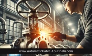 A technician carefully demonstrating a reliable gate valve repair process, using specialized tools in an industrial setting with metal piping and technical equipment.