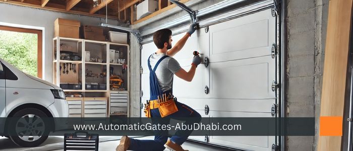 Technician installing a white sectional garage door in a modern residential garage, securing the panels and tracks with tools. The garage is well-organized with shelves and equipment visible, and the area is brightened by natural sunlight