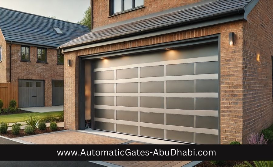 A modern residential garage with a newly installed sectional garage door, partially open to display its mechanism, set against a brick house.