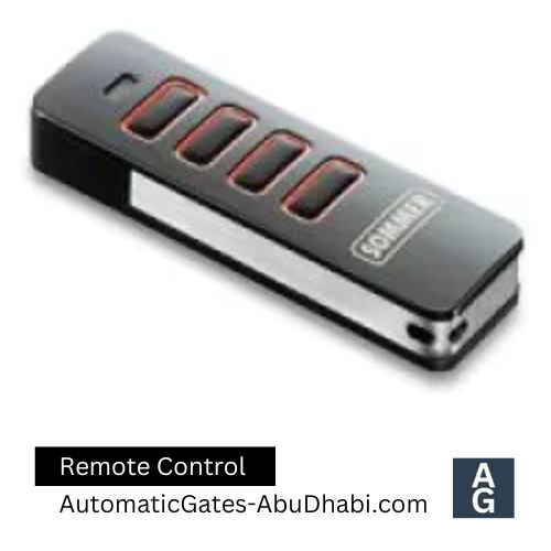 A modern remote control for a garage door opener, emphasizing simplicity and ease of use with its intuitive button layout.