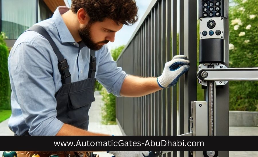 echnician providing maintenance service for a swing arm gate opener, inspecting and adjusting the gate motor at a modern residential entrance. Tools and safety equipment are visible in a professional, clean environment.