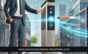 An advertisement showing a modern automatic gate barrier installed at a commercial entrance, with a technician demonstrating the operation. The environment features contemporary buildings, clear pathways, and a blue sky. 