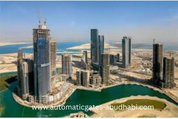 A stunning aerial view of Al Reem Island, showcasing tall skyscrapers, a winding water canal, and a sprawling development in Abu Dhabi.