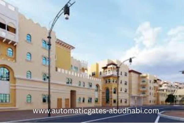 A view of residential buildings in Al Shahama, showcasing modern architecture with streets, street lights, and a vibrant community atmosphere.